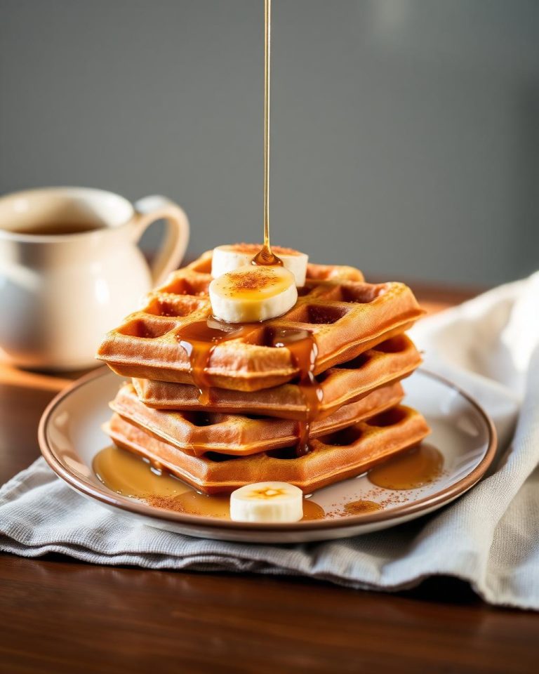 Cinnamon vanilla protein waffles stacked with banana and syrup