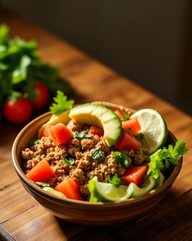 Cottage cheese taco bowls with seasoned beef and taco toppings