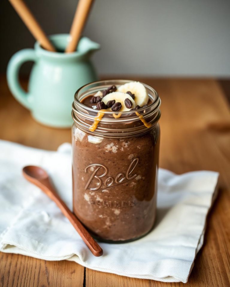 High-protein chocolate overnight oats topped with chocolate and berries