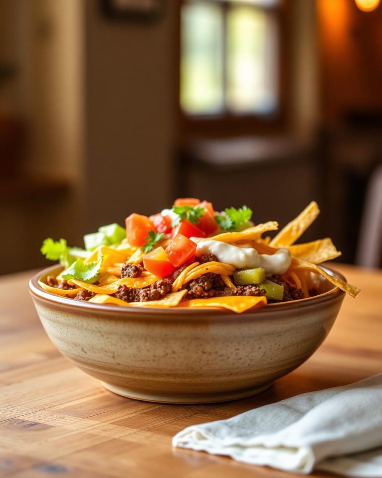 Homemade Crunchwrap bowl with seasoned beef and toppings