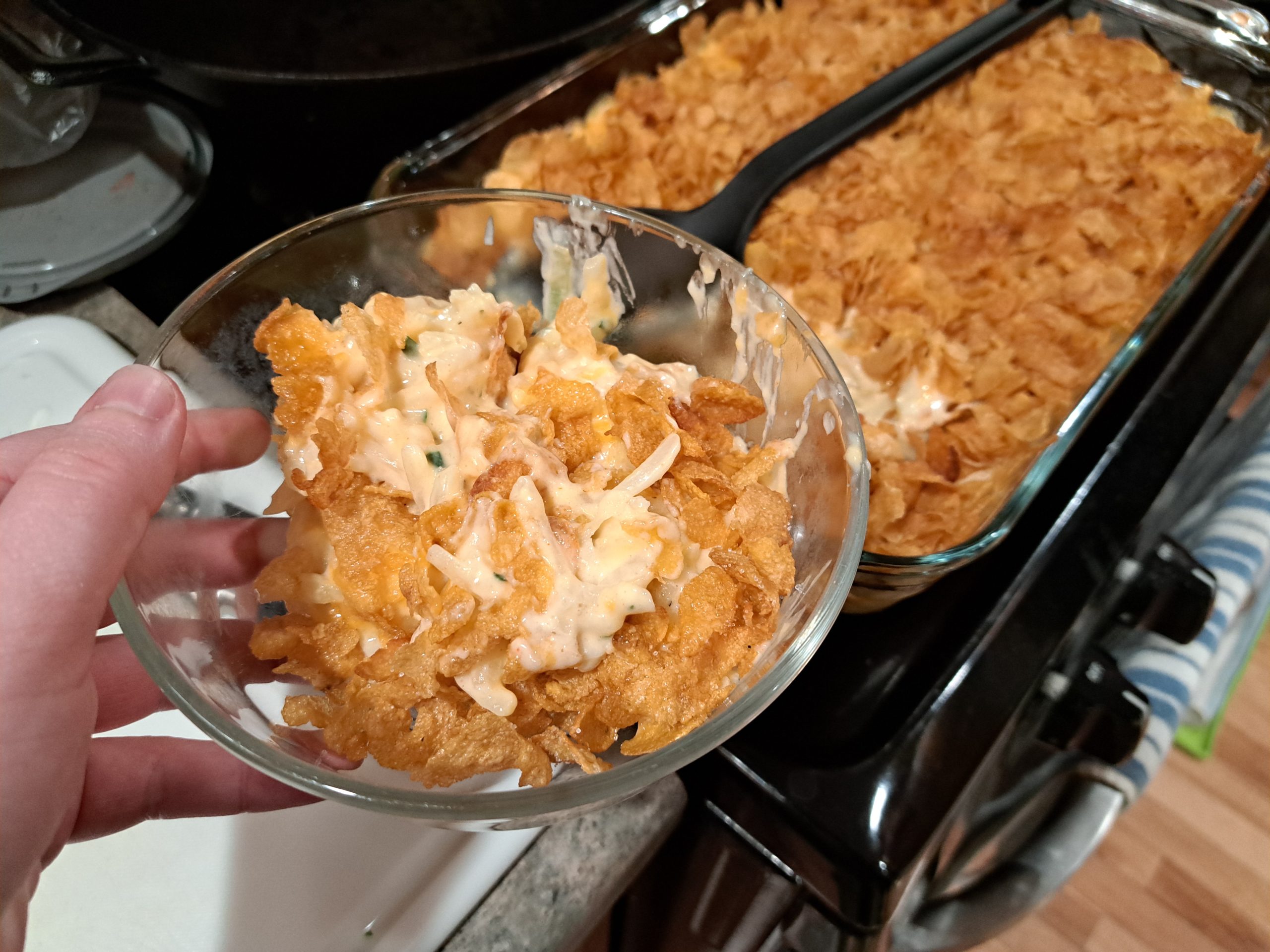 Cheesy hash brown casserole after baking