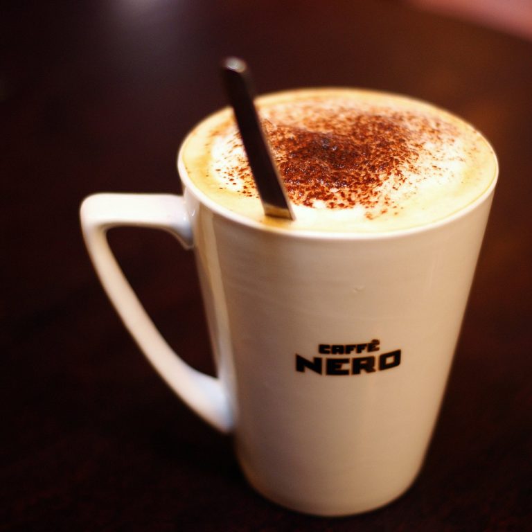 White chocolate mocha coffee in a mug